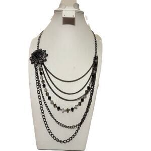 4 for $20 SALE- Flapper Style Gunmetal Layered Rhinestone Brooch Necklace